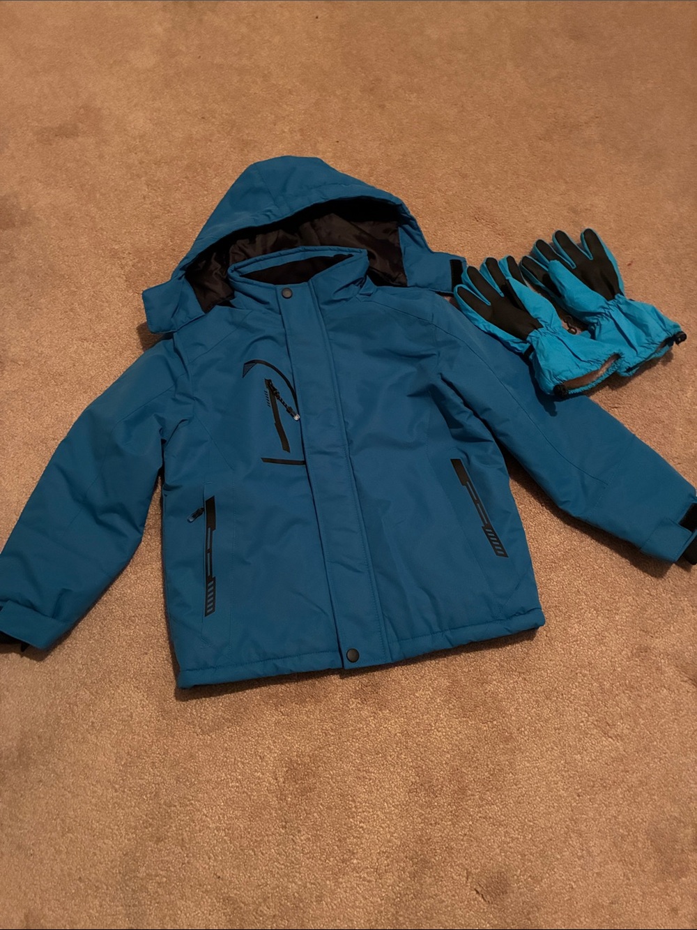 Kids Hooded Puffer Jacket with Matching Gloves - Blue